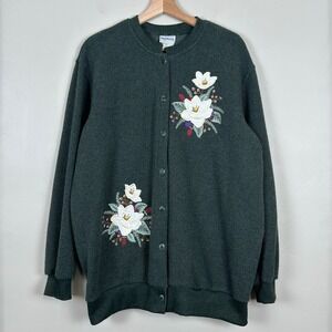 VTG Bon Worth Cardigan L Cottagecore Granny Forest Floral Fleece Embroidered